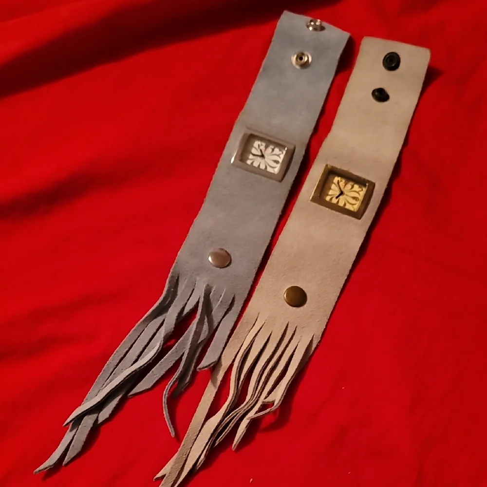 2 Suede Leather Fringed Wrist Cuffs With Watches‎ Western Biker Boho Grey Beige